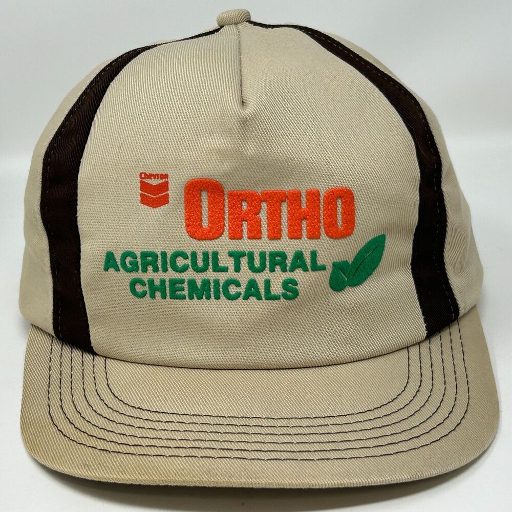Vintage 80s Chevron Ortho Agricultural Chemicals Hat Baseball Cap USA Made Beige